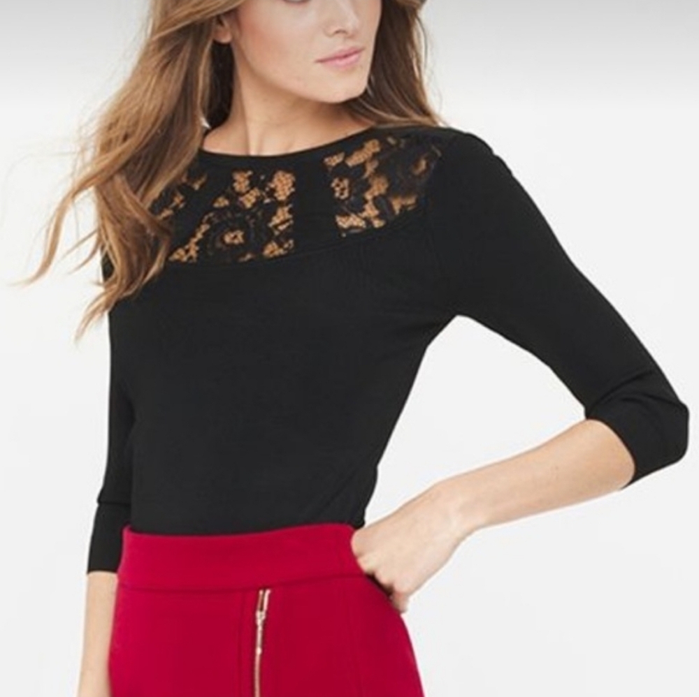 White House Black Market WHBM Lace Yoke Pullover Top Black XS Womens Blouse